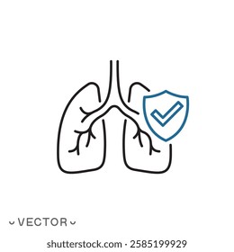 lungs protect icon, human lungs with shield, care for respiratory organs, thin line symbol concept isolated on white background, editable stroke eps 10 vector illustration