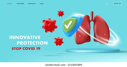 Lungs protection medical 3d illustration with human lungs in a protective fielad with shield icon and virus molecules attacing it, digital banner