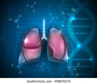 Lungs, respiratory organs detailed anatomy illustration on a blue scientific DNA background.