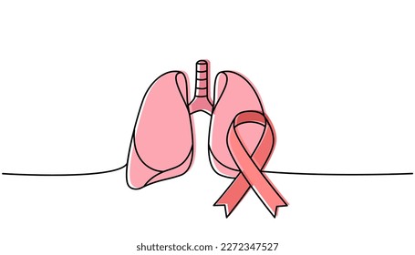 Lungs with ribbon one line colored continuous drawing. Cancer awareness ribbon, AIDS tape continuous one line colorful illustration.