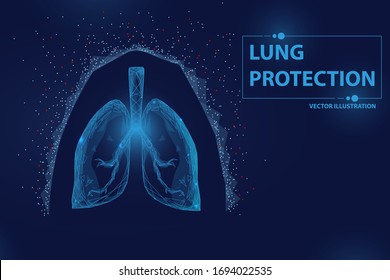 Lungs with shield. Concept of protection lugs and healthy human. low poly , wireframe  ,dots and triangle style , isolate on dark blue background