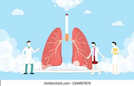 Lungs Smoke Cigarette Concept With Smoke And Team Medic People - Vector