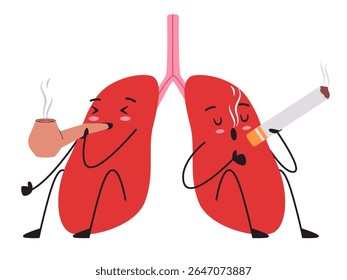 Personagem para fumar pulmões adorável fofo de órgão anatômico com expressão facial cigarro pulmão insalubre
