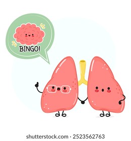 Lungs with speech bubble and brain character. Vector hand drawn cartoon kawaii character illustration. Isolated white background. Lungs poster and brain