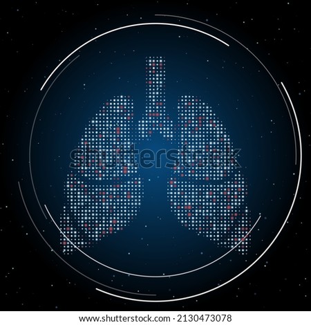 The lungs symbol filled with white dots. Pointillism style. Some dots is red. Vector illustration on blue background with stars