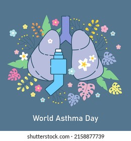 Lungs symbol and Inhaler, flowers. Breathing. Lunge exercise. Asthma. Respiratory system. World Asthma Day. World Asthma Month. Health care