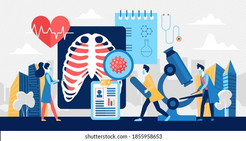 Lungs test analysis on corona virus disease vector illustration. Cartoon doctor scientist people team testing coronavirus, analyzing medicine xray picture, patient lung medical exam concept background