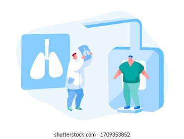 Lungs Tomography, Fluorographic, X-ray Medical Diagnostics Checkup. Doctor Character Research Pulmonology Disease Pathology on Patient Scan Image for Diagnosis. Cartoon People Vector Illustration