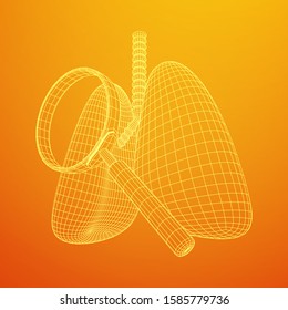Lungs with trachea bronchi internal organ human with magnifying glass. Pulmonology medicine science analysis concept. Wireframe low poly mesh vector illustration