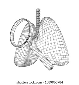 Lungs with trachea bronchi internal organ human with magnifying glass. Pulmonology medicine science analysis concept. Wireframe low poly mesh vector illustration