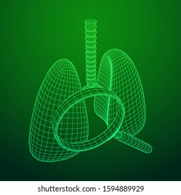 Lungs with trachea bronchi internal organ human with magnifying glass. Pulmonology medicine science analysis concept. Wireframe low poly mesh vector illustration