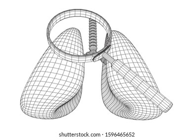 Lungs with trachea bronchi internal organ human with magnifying glass. Pulmonology medicine science analysis concept. Wireframe low poly mesh vector illustration