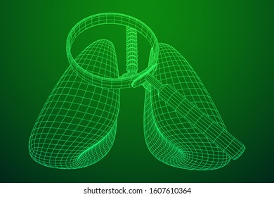 Lungs with trachea bronchi internal organ human with magnifying glass. Pulmonology medicine science analysis concept. Wireframe low poly mesh vector illustration