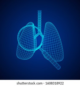 Lungs with trachea bronchi internal organ human with magnifying glass. Pulmonology medicine science analysis concept. Wireframe low poly mesh vector illustration