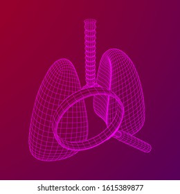 Lungs with trachea bronchi internal organ human with magnifying glass. Pulmonology medicine science analysis concept. Wireframe low poly mesh vector illustration