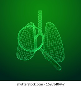 Lungs with trachea bronchi internal organ human with magnifying glass. Pulmonology medicine science analysis concept. Wireframe low poly mesh vector illustration