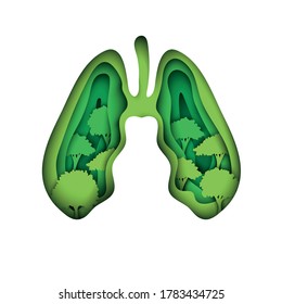 Lungs With Trees As Symbol Of Healthy Lungs. World Tuberculosis Day, World Lung Day, Environment And Ecology Conservation Concept. Vector Paper Art