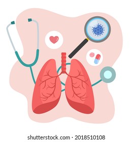 Lungs vector with elements of medical equipment, stethoscope, medicine, pills, magnifying glass, virus and heart on pink background, cute lungs vector, health check up and prevention concept 