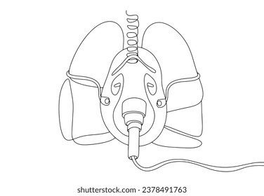 Lungs with a ventilator mask. Lack of oxygen in the lungs. Pneumonia. World Pneumonia Day. One line drawing for different uses. Vector illustration.