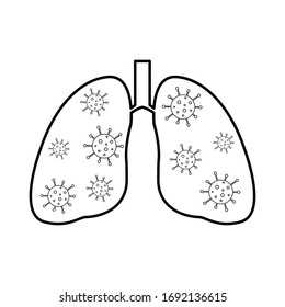 Lungs with virus, bacterium, microbes concept isolated on white. Sign caution Coronavirus. 