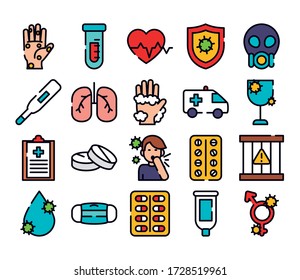 lungs and virus icon set over white background, line and fill style, vector illustration