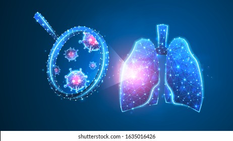 Lungs Virus-cell exploration. Epidemic strain research, pneumonia or respiratory pathogen concept. Abstract polygonal image on blue neon background. Low poly, wireframe digital 3d vector illustration