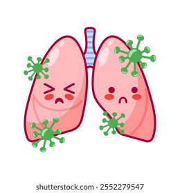 Pulmones y virus. Personajes lindos en estilo kawaii. Órgano enfermo, sistema respiratorio. Ilustración vectorial. Problemas de salud. Para pegatina, libros, elemento de diseño. Plantilla de folleto médico.