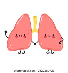 Pulmones agitando el carácter de la mano. Icono de ilustración de personaje kawaii de dibujos animados dibujado a mano de Vector. Aislado sobre fondo blanco. Concepto de carácter de pulmones