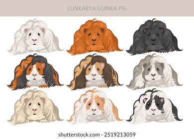 Lunkarya Clipart de conejillo de indias. Conjunto de cuevas de todos los colores de pelaje. Pequeños roedores mascota. Ilustración vectorial