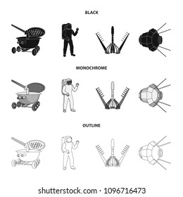 Lunokhod, space suit, rocket launch, artificial Earth satellite. Space technology set collection icons in black,monochrome,outline style vector symbol stock illustration web.