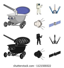 Lunokhod, space suit, rocket launch, artificial Earth satellite. Space technology set collection icons in cartoon,black style vector symbol stock illustration web.