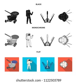 Lunokhod, space suit, rocket launch, artificial Earth satellite. Space technology set collection icons in black, flat, monochrome style vector symbol stock illustration web.