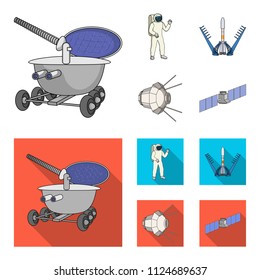 Lunokhod, space suit, rocket launch, artificial Earth satellite. Space technology set collection icons in cartoon,flat style vector symbol stock illustration web.