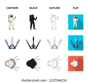 Lunokhod, space suit, rocket launch, artificial Earth satellite. Space technology set collection icons in cartoon,black,outline,flat style vector symbol stock illustration web.