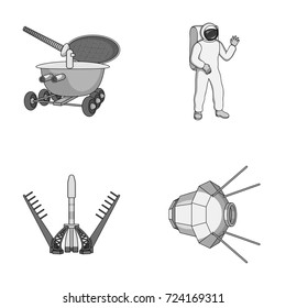 Lunokhod, space suit, rocket launch, artificial Earth satellite. Space technology set collection icons in monochrome style vector symbol stock illustration web.
