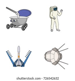 Lunokhod, space suit, rocket launch, artificial Earth satellite. Space technology set collection icons in cartoon style vector symbol stock illustration web.