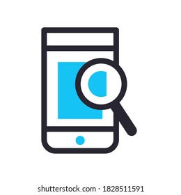 Lupe in front of smartphone line and fill style icon design, search tool and magnifying glass theme Vector illustration