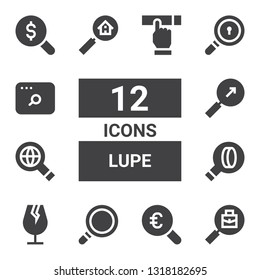 lupe icon set. Collection of 12 filled lupe icons included Search, Magnifying glass, Glass, Searching