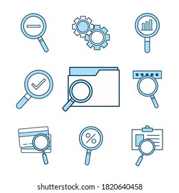 lupe and search line and fill style icons collection design, tool and magnifying glass theme Vector illustration