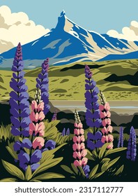 Lupine flowers and mountains. Vector illustration in flat style.