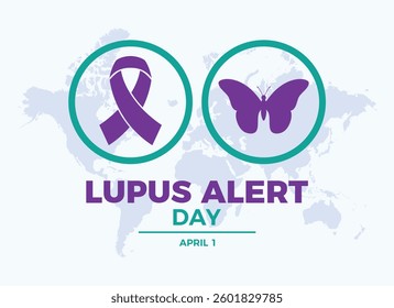Lupus Alert Day poster vector illustration. Purple awareness ribbon and butterfly icon vector. Template for background, banner, card. April 1 every year. Important day