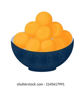 Luqaimat vector stock illustration. Deep-fried balls. Oriental dessert Greek dish Lukumades. There's a bowl in the plate. Isolated on a white background.