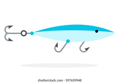 Lure fishing as a blue fish with fishing hooks vector flat material design isolated on white