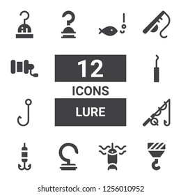lure icon set. Collection of 12 filled lure icons included Hook, Fishing, Fishing rod, Fishing reel