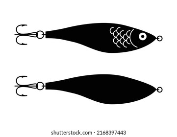 Lure silhouette with a triple hook for the design of layouts with the theme of fishing tackle and equipment for fishing. A sharp hook for stringing bait when catching fish. Artificial fish with hooks.