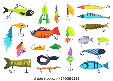 Lures for catching fish of different shapes set. Collection of fisherman equipment for fishing, underwater steel hook with bait, fishers tackle element and accessory cartoon vector illustration