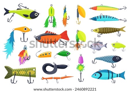 Lures for catching fish of different shapes set. Collection of fisherman equipment for fishing, underwater steel hook with bait, fishers tackle element and accessory cartoon vector illustration