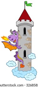 Lurking dragon with castle tower - vector illustration.