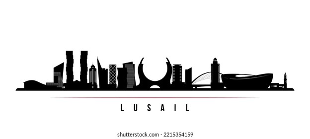 Lusail skyline horizontal banner. Black and white silhouette of Lusail, Qatar. Vector template for your design. 