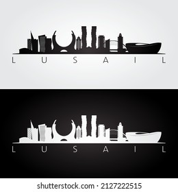 Lusail skyline and landmarks silhouette, black and white design, vector illustration.